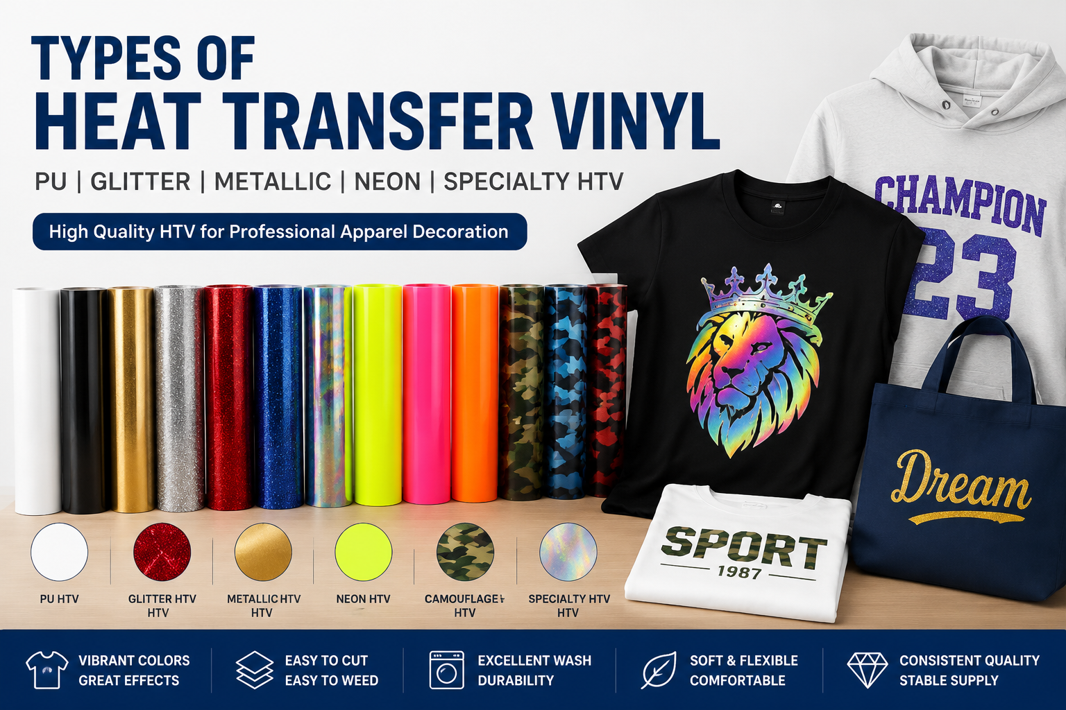 types of heat transfer vinyl including PU glitter metallic and specialty HTV