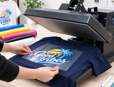 heat transfer vinyl being applied to a T-shirt with a heat press