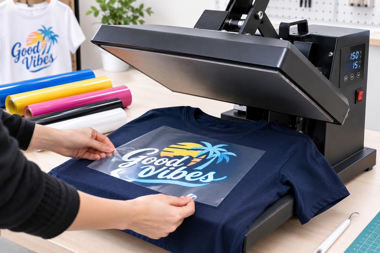 heat transfer vinyl being applied to a T-shirt with a heat press